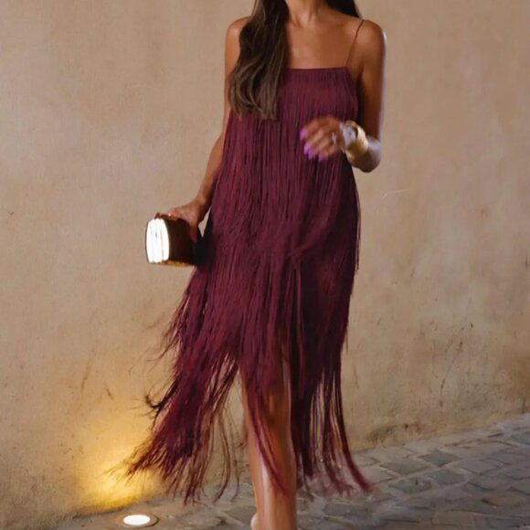 Commense Dresses & Skirts - Florence Fringed Open Back Short Dress in Burgundy (XS)